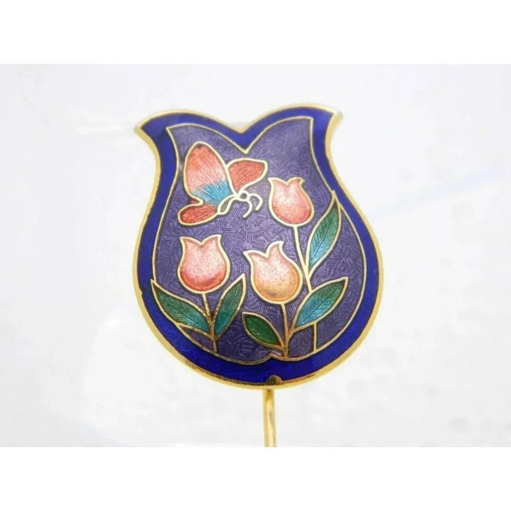 Gold Tone Purple Blue Floral Butterfly Cloisonne